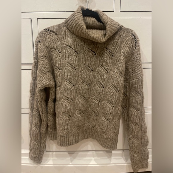 New, Tan Long Sleeve Turtleneck Sweater with Woven Detailed Arms, Size M - Picture 2 of 4